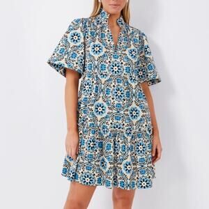 Tuckernuck Golden Medallion Crawford Dress Blue NEW Medium Flutter Sleeve Swing